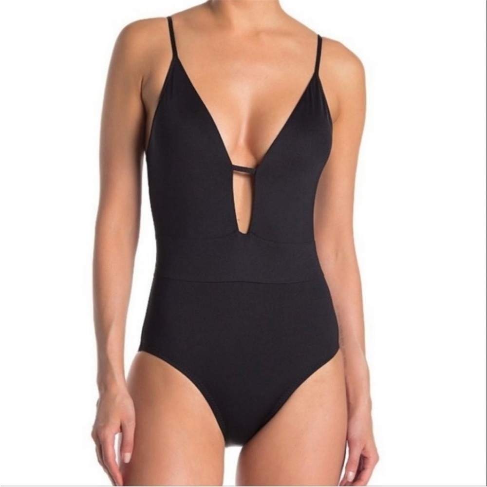BECCA Color Code Plunge Women’s Large One-Piece Swimsuit Black Tie Back NWT